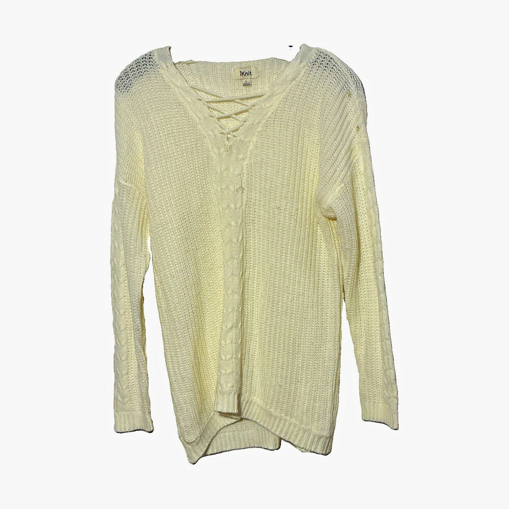 iKnit Women's Ivory Solid Lace-Up V-Neck Pullover Sweater Long Sleeve L